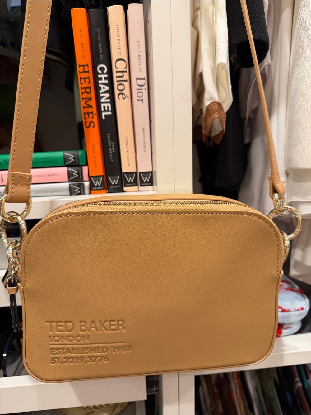 Ted Baker Tan Leather Crossbody with beautiful Gold Hardware and double zip top